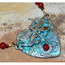 Patina Neo-Victorian Dragonfly with Vintage Watch Gears on Heart Necklace - Carnelian