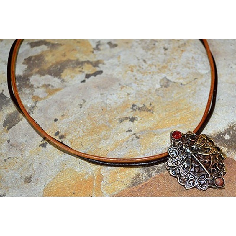 Satin Antiqued Brass Victorian Filigree Dragonfly Pendant - Carnelian, Jasper - Dual Rawhide