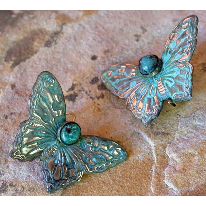 Verdigris Patina Decorative Butterfly Dangle Earrings - Chrysocolla
