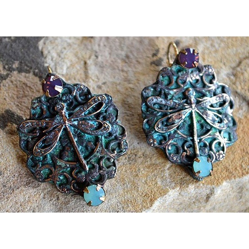 Patina Brass Victorian Filigree Dragonfly Earrings - Swarovski Crystals