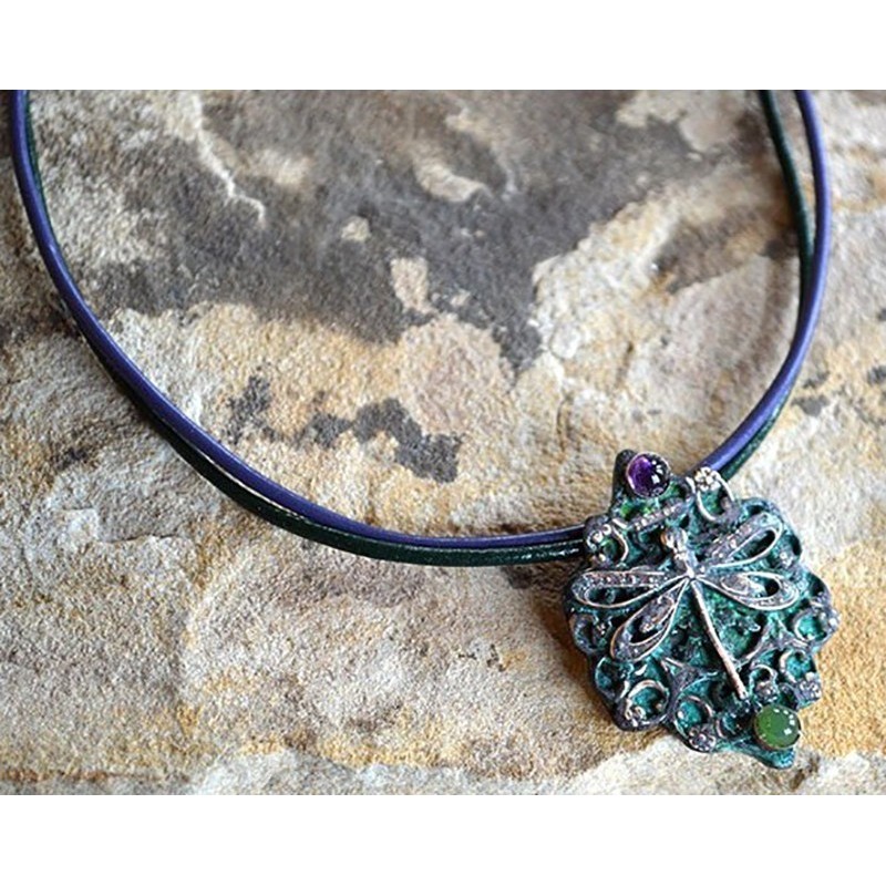 Verdigris Patina Victorian Filigree Dragonfly Pendant - Amethyst, Jade