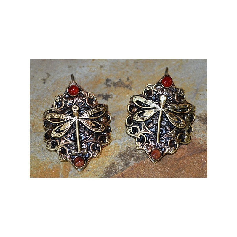 Satin Antiqued Brass Victorian Filigree Dragonfly Earrings - Carnelian, Jasper
