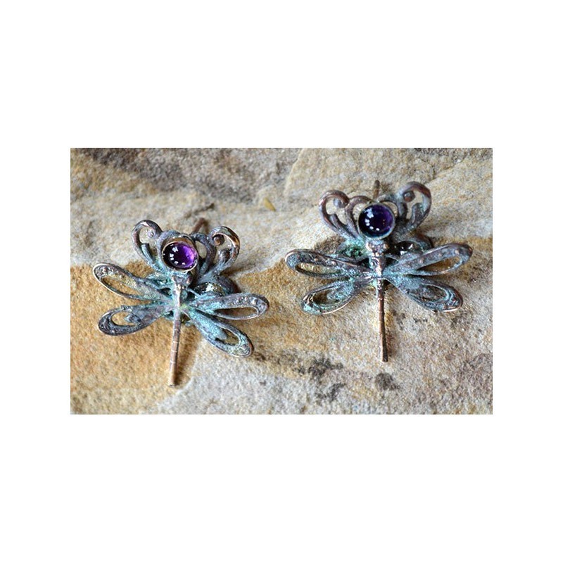 Verdigris Patina Brass Victorian Filigree Dragonfly Earrings - Amethyst