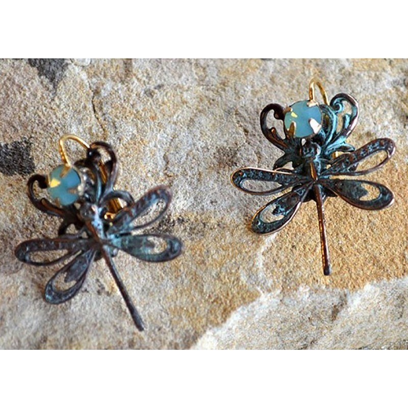 Verdigris Patina Brass Victorian Filigree Dragonfly Earrings - Pacific Opal Swarovski Crystals