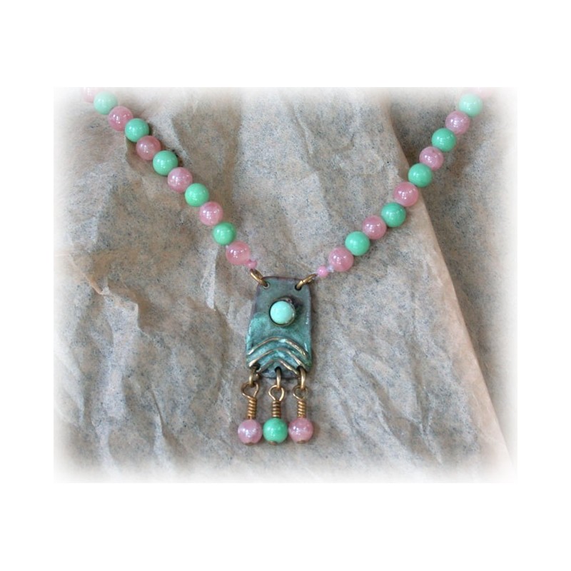 DIP940n Lost Wax Cast Brass Verdigris Patina Directions Series Necklace - Amazonite, Rhodochrosite