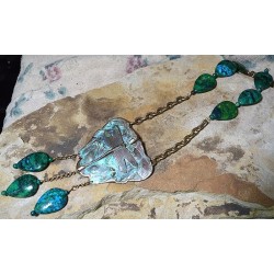 Patina Brass Dragonfly Teardrop Necklace - Chrysocolla - Scrollwork Chain