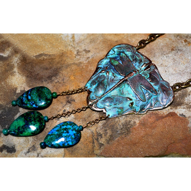 Patina Brass Dragonfly Teardrop Necklace - Chrysocolla - Scrollwork Chain