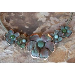 NAP9433n Verdigris Patina Brass Graduated Mayapple Floral Necklace - Green Aventurine, Amazonite, Jade