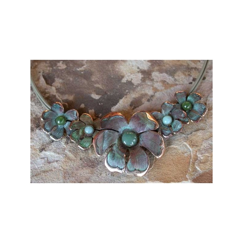 NAP9433n Verdigris Patina Brass Graduated Mayapple Floral Necklace - Green Aventurine, Amazonite, Jade