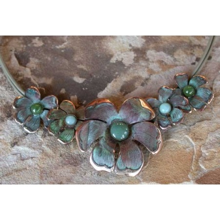 NAP9433n Verdigris Patina Brass Graduated Mayapple Floral Necklace - Green Aventurine, Amazonite, Jade