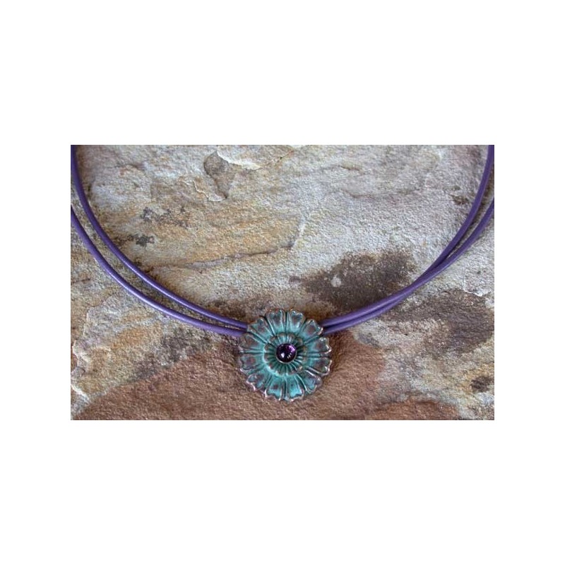 NAP2660pd Verdigris Patina Solid Brass Small Zinnia Floral Pendant - Amethyst