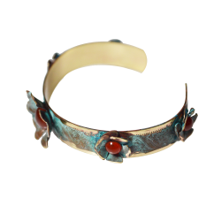 Olive Patina Sculptural Floral Cuff - Carnelian