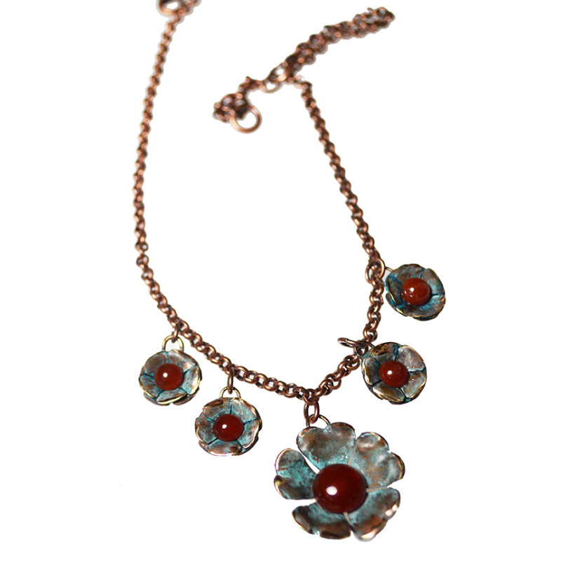 Olive Patina Sculptural Floral Graduated Necklace - Carnelian
