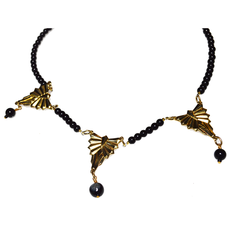 Mirror Brass Three Piece Necklace Art Deco on Black Onyx