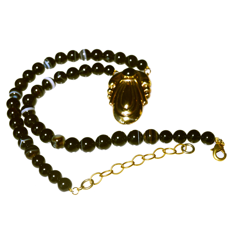 Mirror Brass Art Deco Large Pendant on Black Onyx