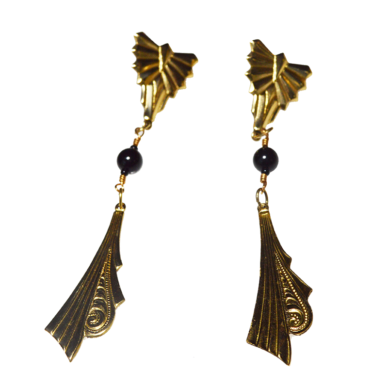 Mirror Brass Art Deco Earrings - Black Onyx