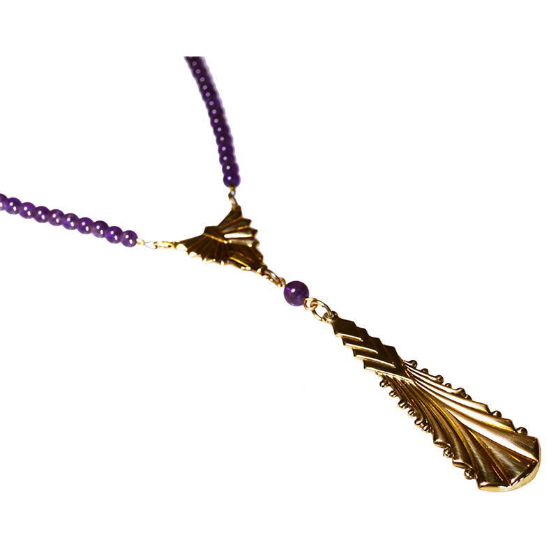 Art Deco 2022 Mirror Brass Single Pendant Necklace - Amethyst