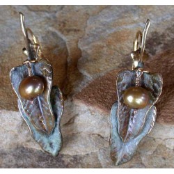 NW3463e White Patina Brass Double Philodendron Leaf Earrings - Bronze Pearls