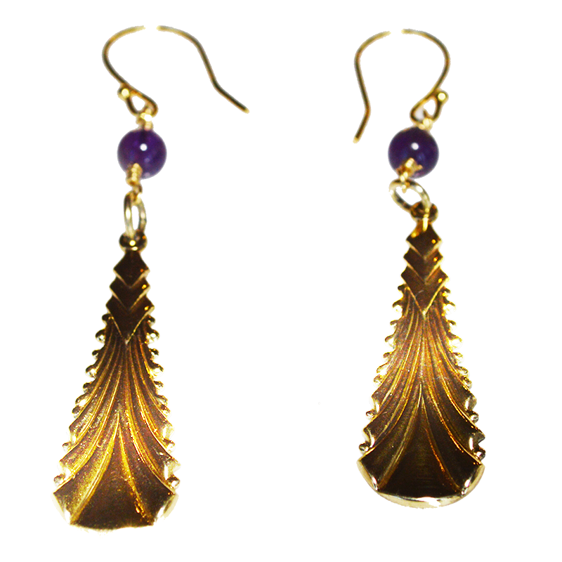 Art Deco 2022 Mirror Brass Earrings - Amethyst