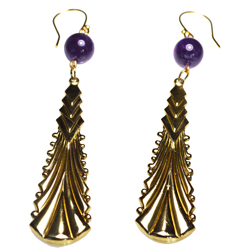 Art Deco 2022 Mirror Long Brass Earrings - Amethyst
