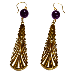 Art Deco 2022 Mirror Long Brass Earrings - Amethyst