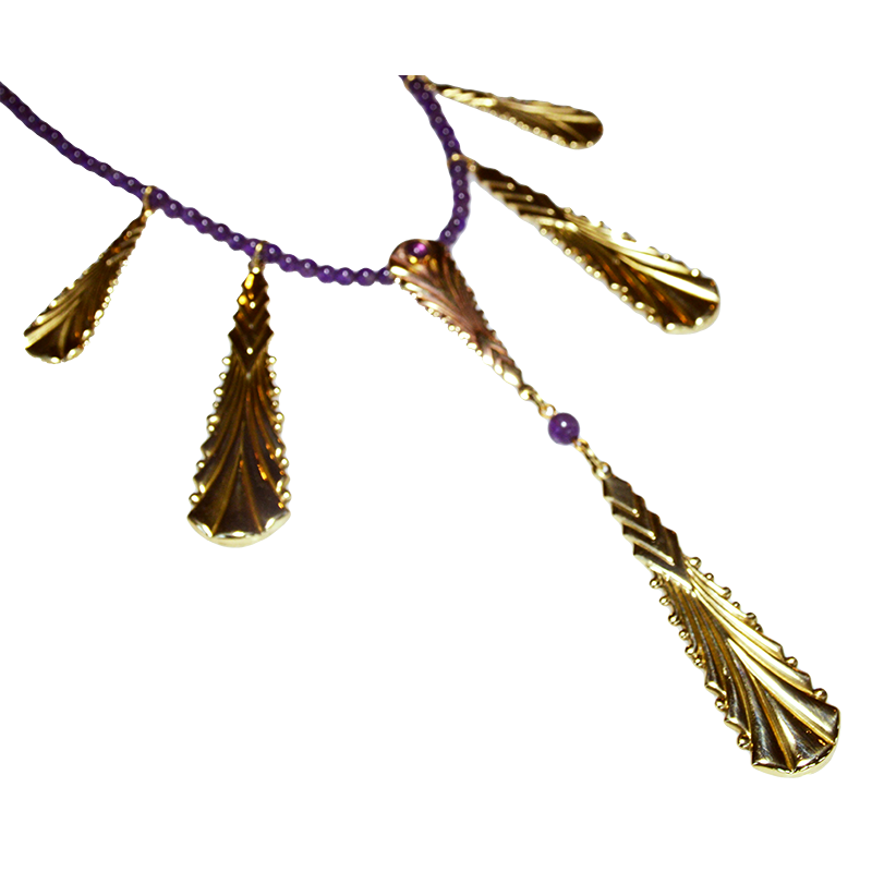 Art Deco 2022 Mirror Brass Five Pendant Necklace - Amethyst