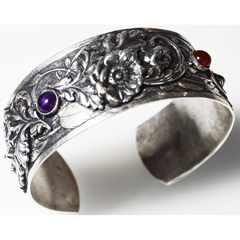 Antique Silver Plated Brass Floral Poppy Cuff - Amethyst and Carnelian