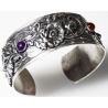 Antique Silver Plated Brass Floral Poppy Cuff - Amethyst and Carnelian