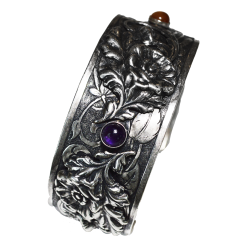 Antique Silver Plated Brass Floral Poppy Cuff - Amethyst and Carnelian