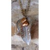 NW3463pd White Patina Brass Philodendron Leaf Pendant - Bronze Pearls 