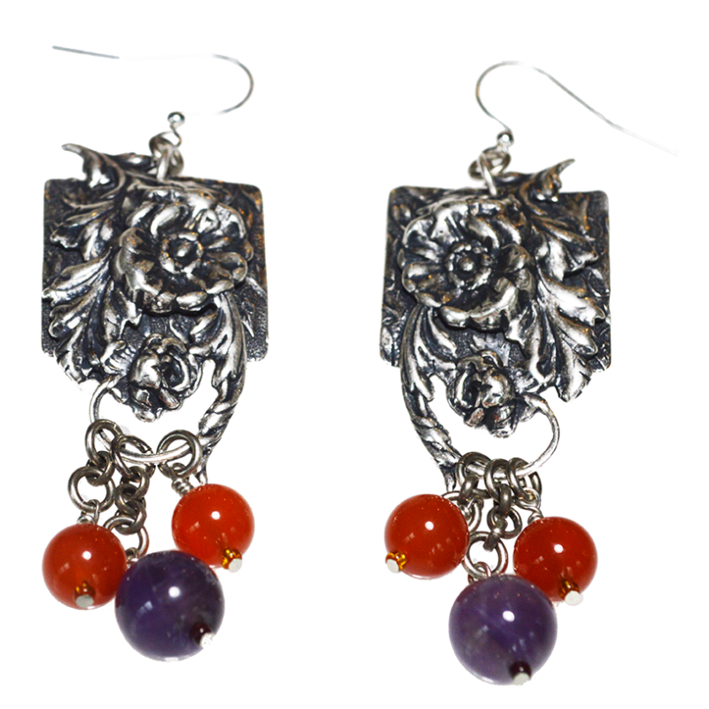 Antique Silver Plated Brass Floral Poppy Earrings - Amethyst and Carnelian