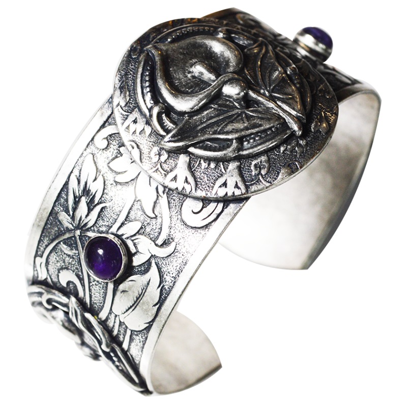 Antique Silver Calla Lily Cuff Bracelet - Amethyst and Chariote