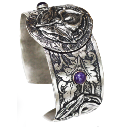 Antique Silver Calla Lily Cuff Bracelet - Amethyst and Chariote