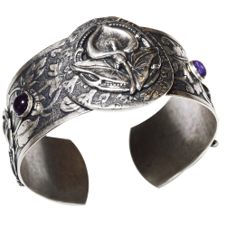 Antique Silver Calla Lily Cuff Bracelet - Amethyst and Chariote