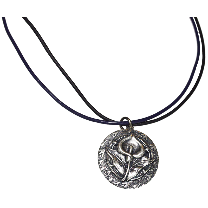 Antique Silver Calla Lily Pendant - Violet and Black Dual Rawhide Leather Necklace