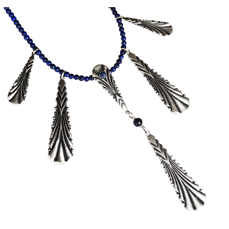 Art Deco 2022 Mirror Antique Silver Large Dynamic Pendant Necklace - Lapis