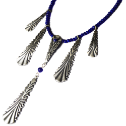 Art Deco 2022 Mirror Antique Silver Large Dynamic Pendant Necklace - Lapis