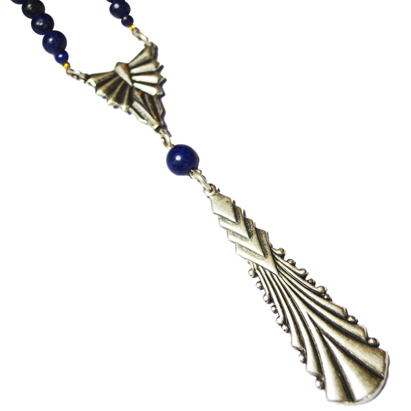 Art Deco 2022 Mirror Antique Silver Single Pendant Necklace - Lapis