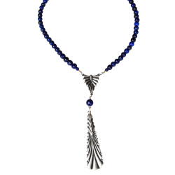 Art Deco 2022 Mirror Antique Silver Single Pendant Necklace - Lapis