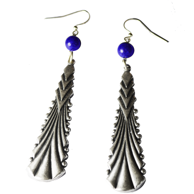Art Deco 2022 Mirror Antique Silver Large Earrings - Lapis