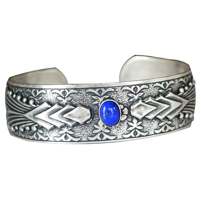 Art Deco 2022 Mirror Antique Silver Cuff - Lapis