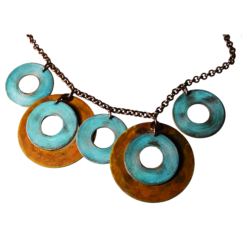 Bohemian Chic Geometry Line Verdigris and Earth Patina Circle Necklace