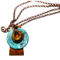 Bohemian Chic Geometry Line Verdigris and Earth Patina Trapazoid, Circle and Teardrop Pendant