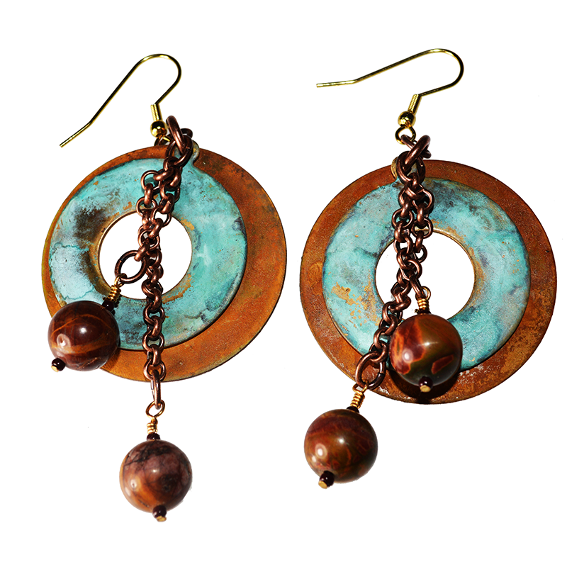 Bohemian Chic Geometry Line Verdigris and Earth Patina Double Circle Earrings - Jasper