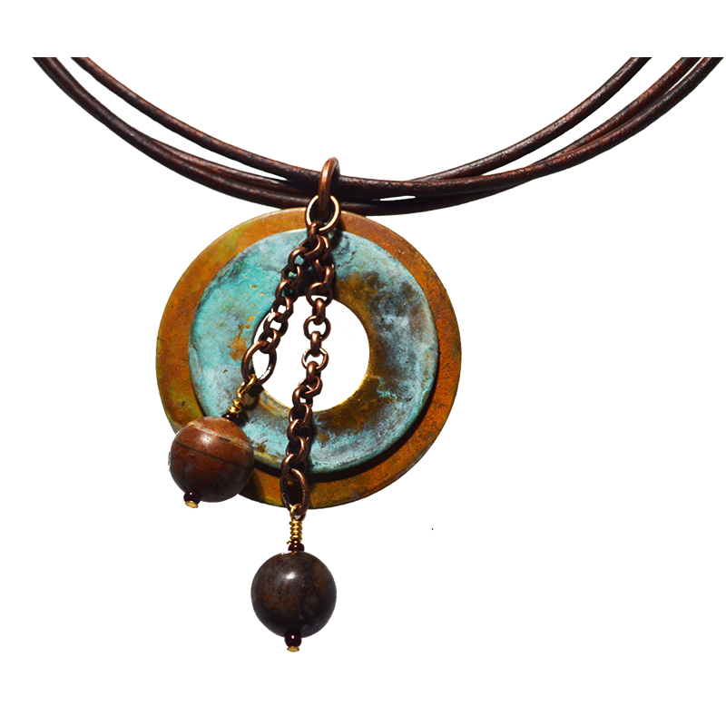 Bohemian Chic Geometry Line Verdigris and Earth Patina Double Circle Necklace - Jasper
