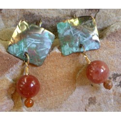 TTP 396eRTUR  Hand Forged Verdigris Patina Brass Textured Tealeaf Small Domed Square Earrings - Rose Tourmaline