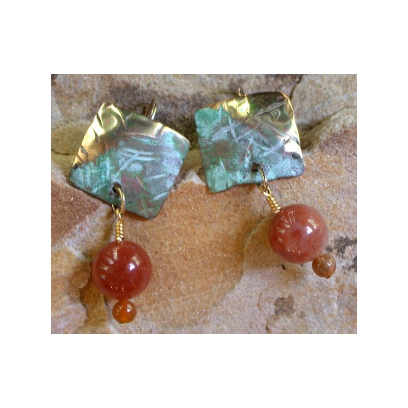 TTP 396eRTUR  Hand Forged Verdigris Patina Brass Textured Tealeaf Small Domed Square Earrings - Rose Tourmaline