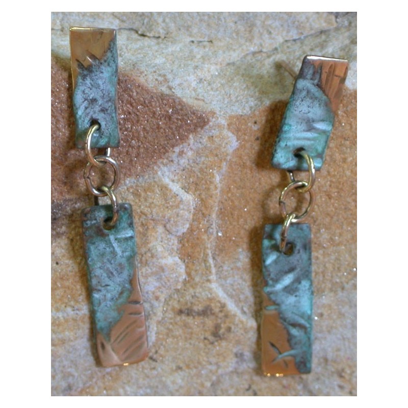 TTP 21e Verdigris Patina Brass Textured Tealeaf Classic Two Tier Link Dangle Earrings