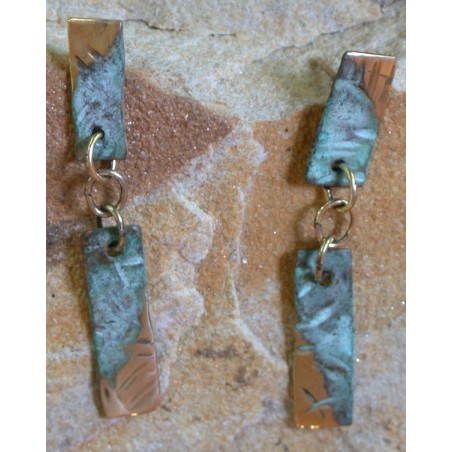 TTP 21e Verdigris Patina Brass Textured Tealeaf Classic Two Tier Link Dangle Earrings
