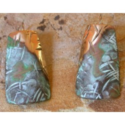 TTP 92e Verdigris Patina Brass Contemporary Textured Tealeaf Elongated Tapered Barrel Earrings